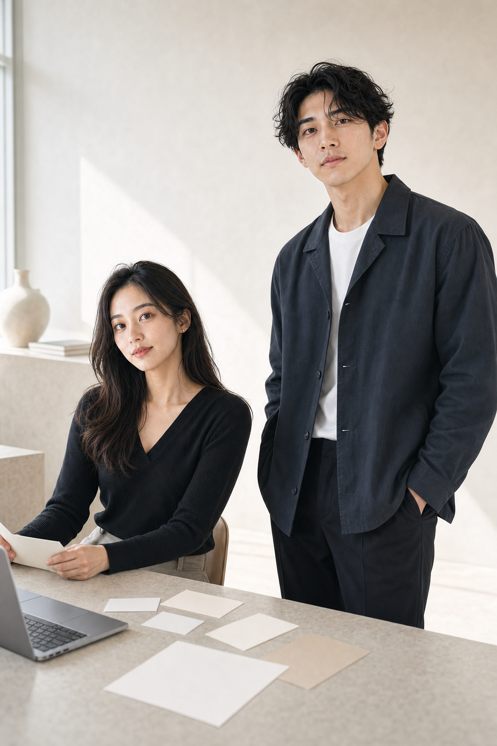 明るい空間で案件候補を整理する若い男女のイメージ